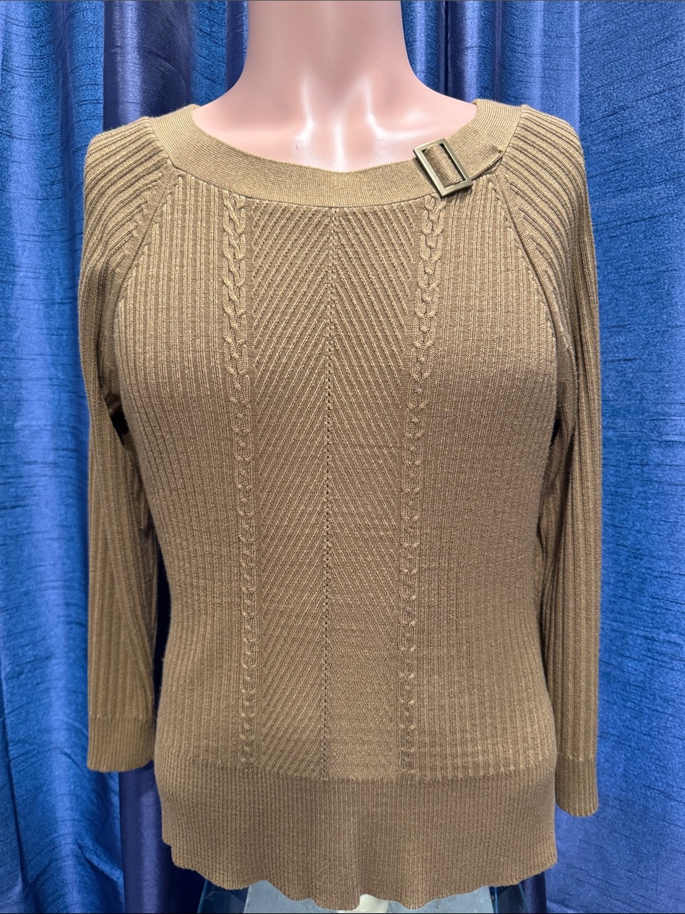 Requirements Olive-Brown Cable Knit Crewneck Sweater with Buckle